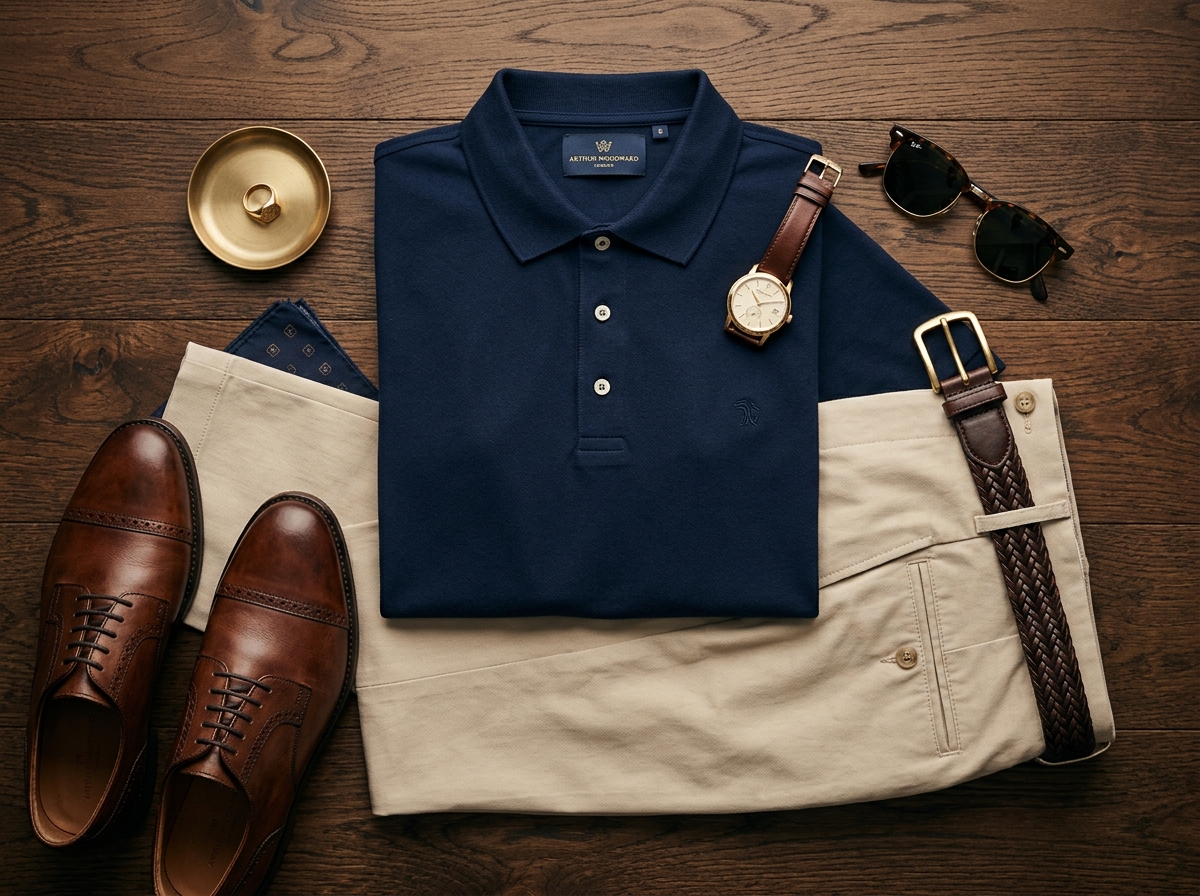 Polo azul marinho premium com calça chino bege e acessórios de couro